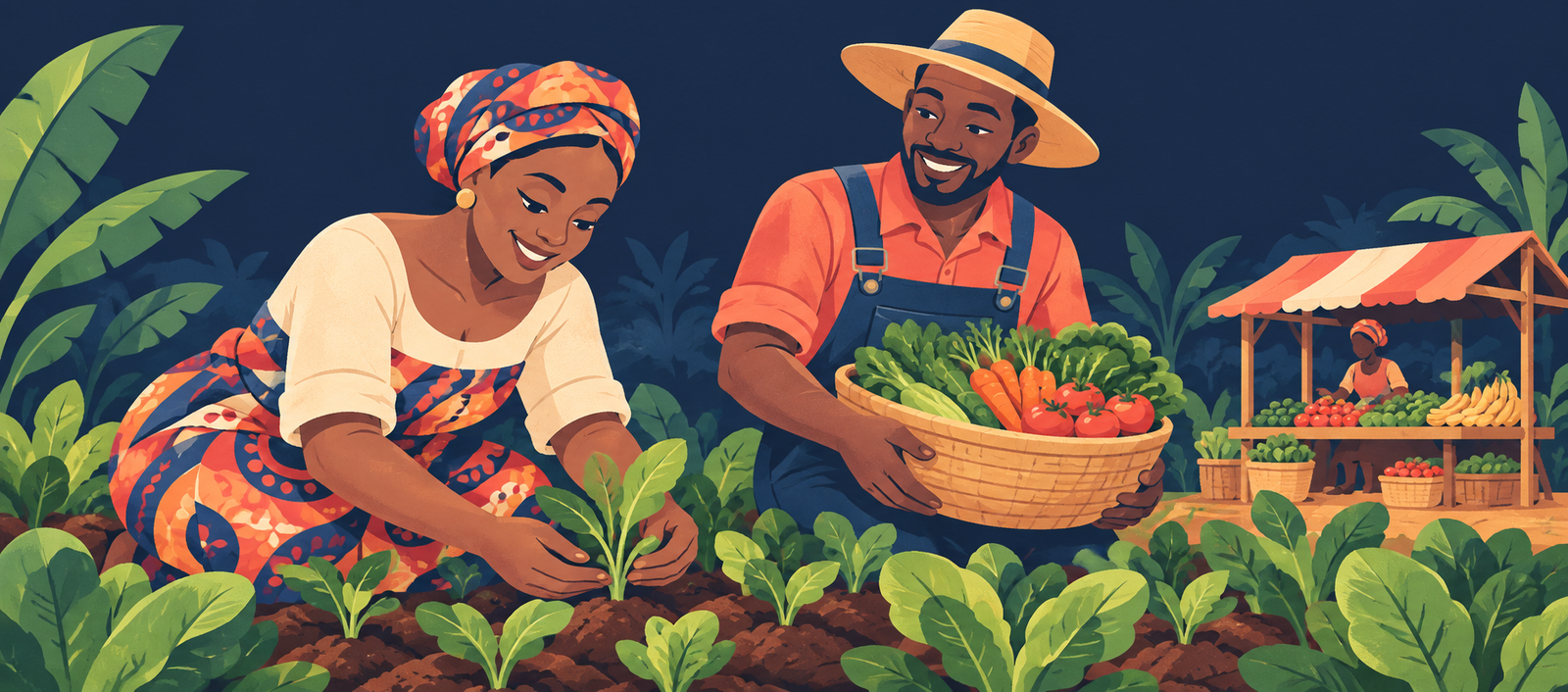 Farmers growing seedlings and preparing fresh produce for market