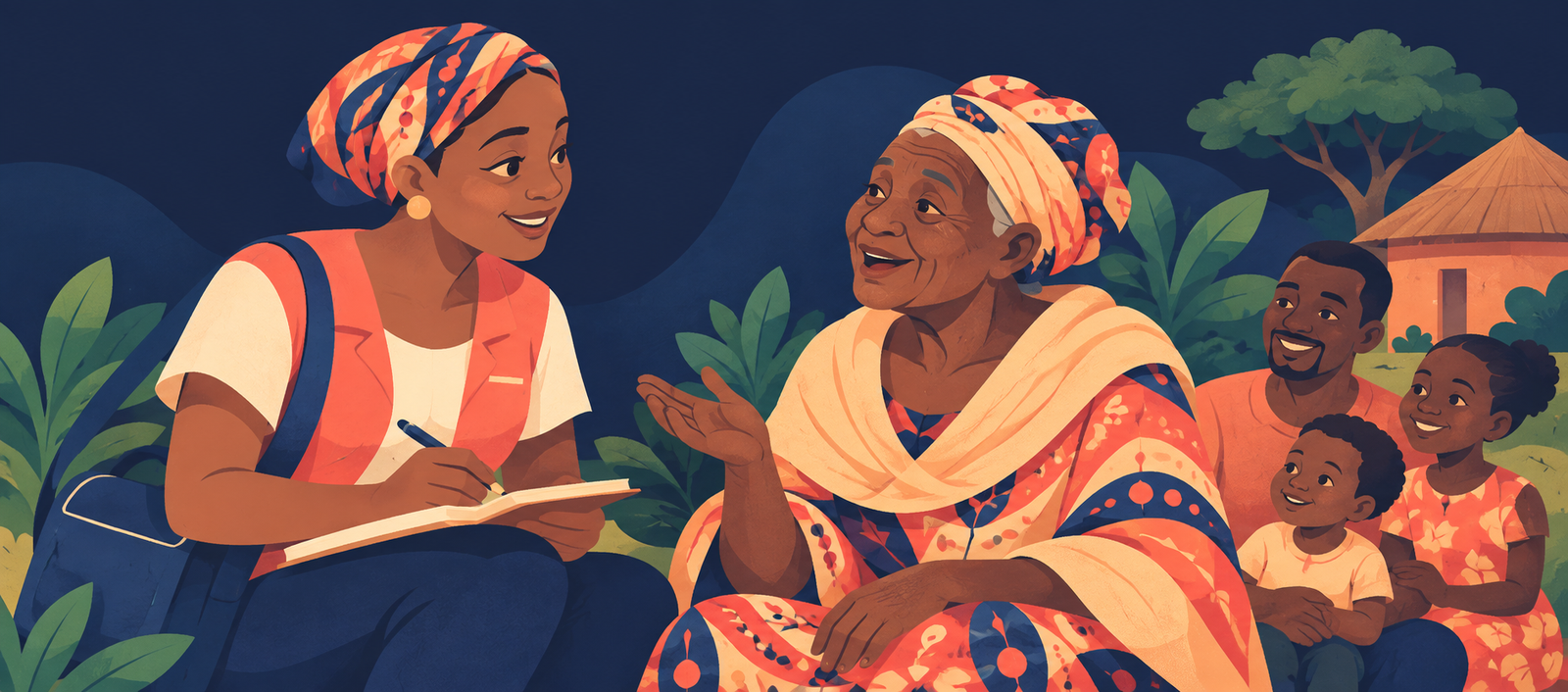 A community health worker listening to an older woman in a rural setting