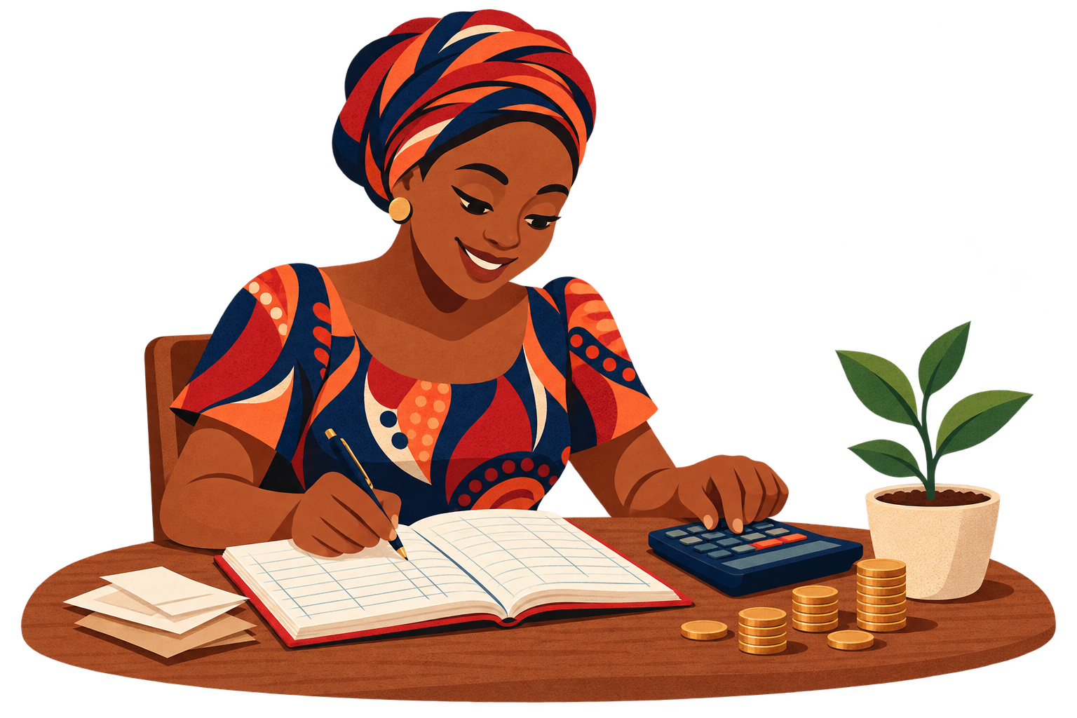 Illustration of a community learner recording money in a cashbook beside a calculator, coins and a growing plant